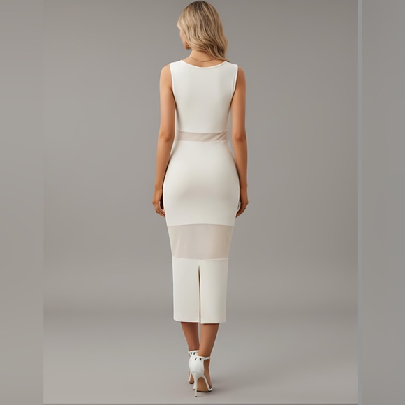 Beige Bodycon Mesh Split Back Dress - Picture 4 of 7